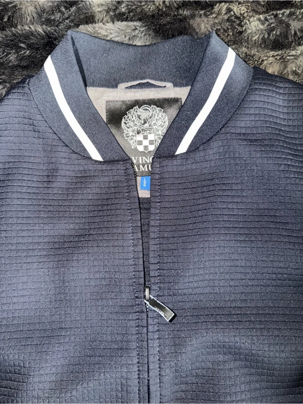 Vince Camuto Navy Bomber Jacket with White Stripe Trim